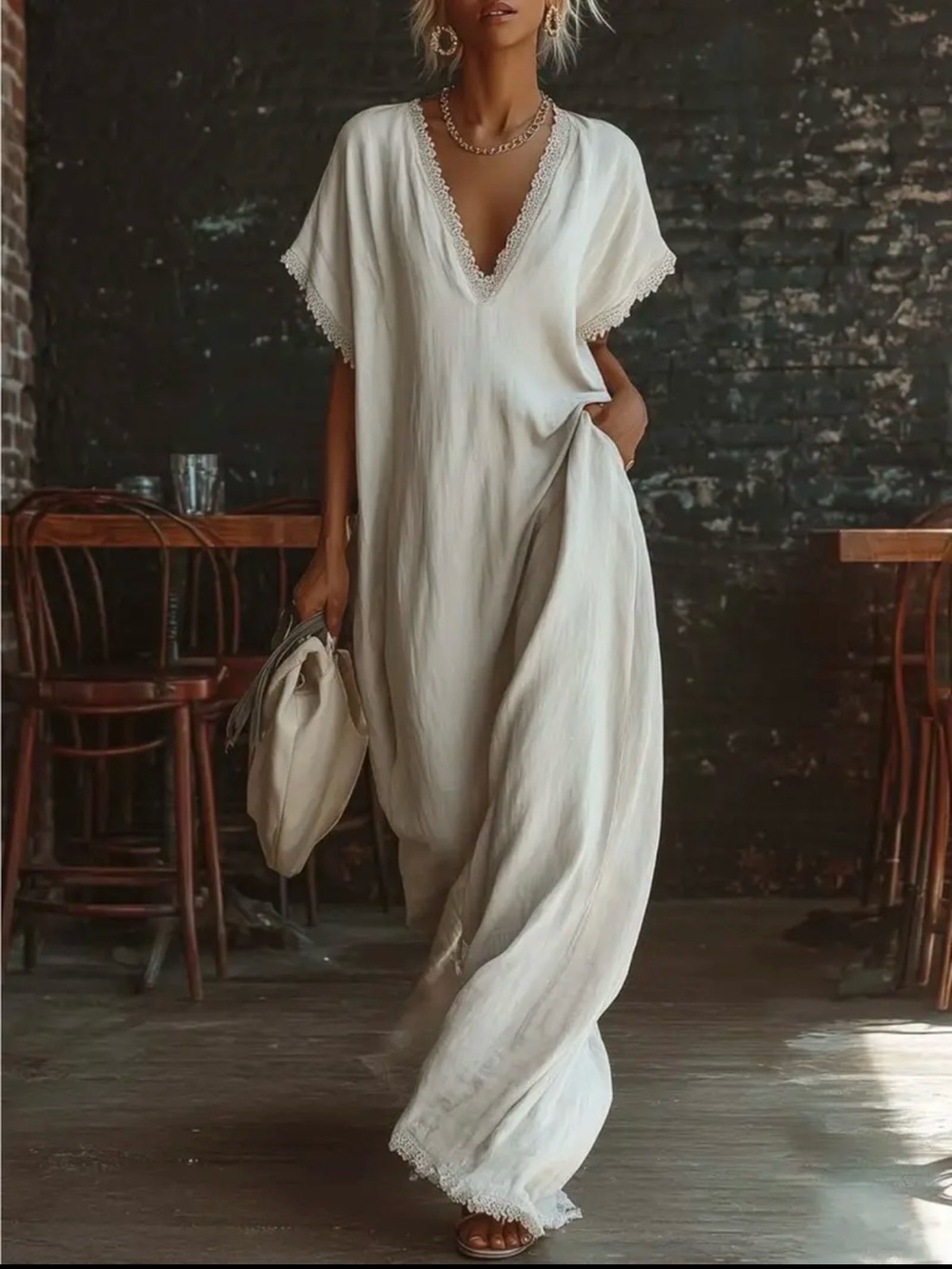 New!  Never worn!  Women’s V-Neck Lace-Trim Maxi Dress in White!  $40 originally